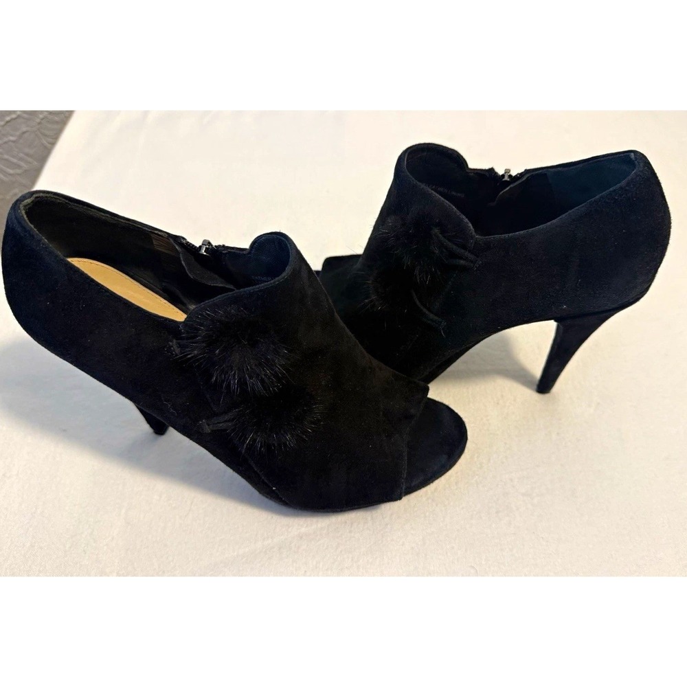 Via Spiga Black Leather Open Toe Fur Trim Zip Stiletto Bootie Heel 9.5M Party